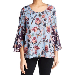 Tolani Tiana Sky Blue Floral Printed Bell 3/4 Sleeve Tunic Blouse Top Si…